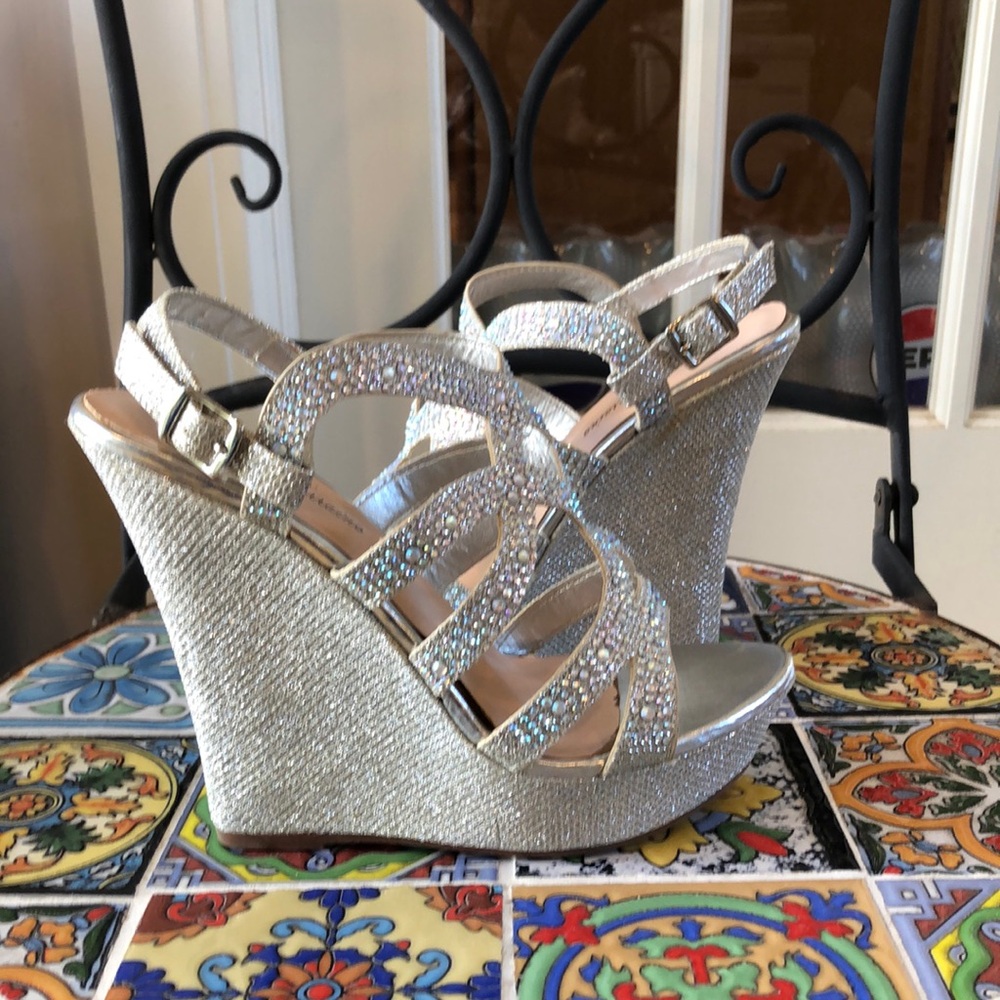 Lauren Lorraine silver jeweled sandal platform wedges